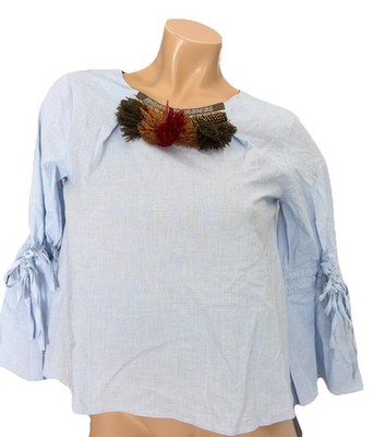 Zara Basic Collection Women Blouse Top Boho Blue Crew Neck Size XSmall NWT