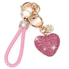 Car Keychain for Women with Rhinestone Heart Shape Bling Girl Cute Keychain f...