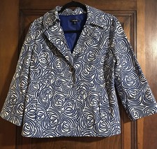Rafaella Blue White Swirl Pattern 3/4 Sleeve Blazer Jacket Size M