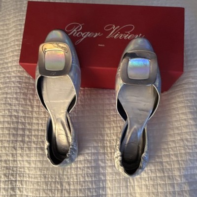 Roger Vivier Silver Leather Flats Women s Square Toe Slip On Buckle US 7.5 M