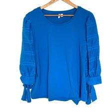 Cato Shirt Women's XL Blue Tie 3/4 Sleeve Textured Blouse Top