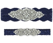 Wedding Garters for Bride with Non-Slip Silicone, Navy Blue Lace Bridal Garte...
