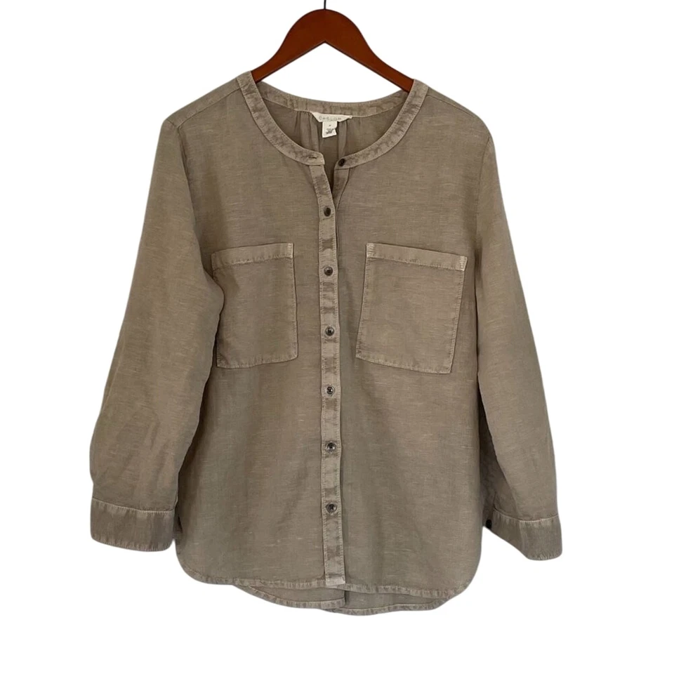 Blusa/Camisa Caslon Mezcla de Lino Larga Pestaña/Manga Abotonada Bronceada/Neutra, M Foto 2 de 4