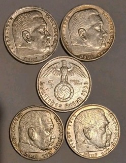 LOT (FIVE) 5 Reichsmark 1936 E(2) & J / 1937 A & J SILVER .900 90% CIRCULATD