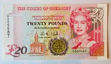 (2574) GUERNSEY 20 POUNDS 1996 P58b LOW PREFIX UNCIRCULATED