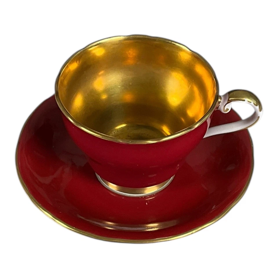 Vintage AYNSLEY Bone China England Rare Find Deep Red & Gold Tea Cup & Saucer - Image 3 of 4