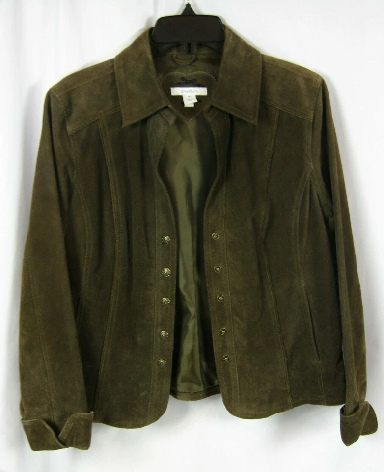 Chaqueta de cuero de gamuza frontal a presión marrón Dress Barn talla mediana Foto 2 de 3