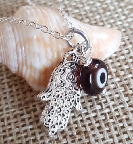 "Collar colgante plateado Hamsa para mal de ojo protección suerte 7 opciones de colores 16" , 18" - Imagen 11 de 12