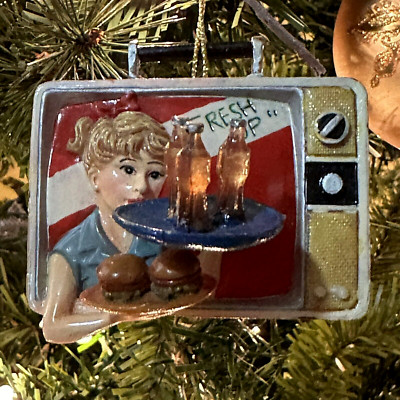 Vintage Old Fashion TV Set Christmas Ornament Fresh Up Diner Waitress 3-D Screen