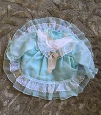 Vintage Sheer Light BLUE Baby Infant DRESS Lace Ruffles Silver Metallic BOWS USA
