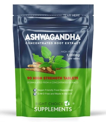 RIGHT CHOICE SUPPLEMENTS Ashwagandha Extract 1000mg Tablets Stress Fatigue Anxiety Relief - Vegan UK Made
