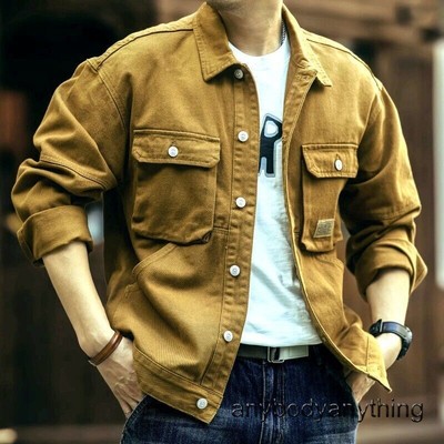 Men's Retro French Motor Biker Jacket Coat Casual Overalls Workwear Button Up