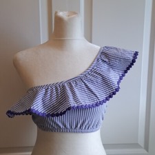 J.Crew Womens One-shoulder Ruffle Bikini Top Blue/White Seersucker/Ribbon XS