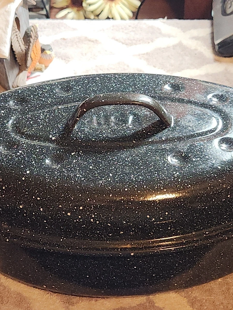 Vintage Navy Blue Speckled Small Enamelware Roasting Pan Kitchen