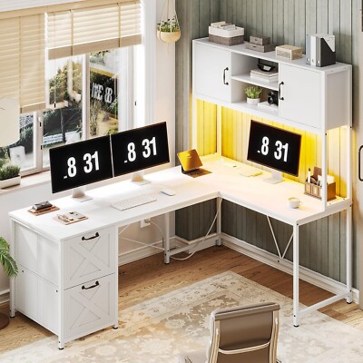 White L Shaped Desk with LED Lights and Hutch, Corner Gaming Desk with 2 Drawers