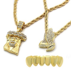 Authentic Gold Plated 2 pcs Jesus & Prayer Cubic-Zirconia 30" & 24" Rope chain Grill