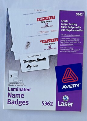 Laminated Name Badges Avery 5362 2'' x 3 ¼'' Self-Adhesive Clips included 30 Cards