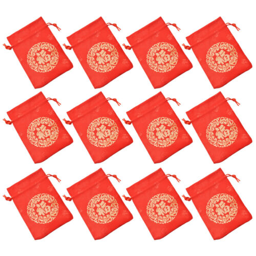 12 pièces sac cadeau Fu Word brocart fortune bonne chance rouge chinois sac à cordon de serrage - Photo 1/12