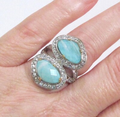 Judy Crowell JOYA Rainbow Moonstone & Turquoise Doublet 2-Stone 2-Tone Ring sz 7