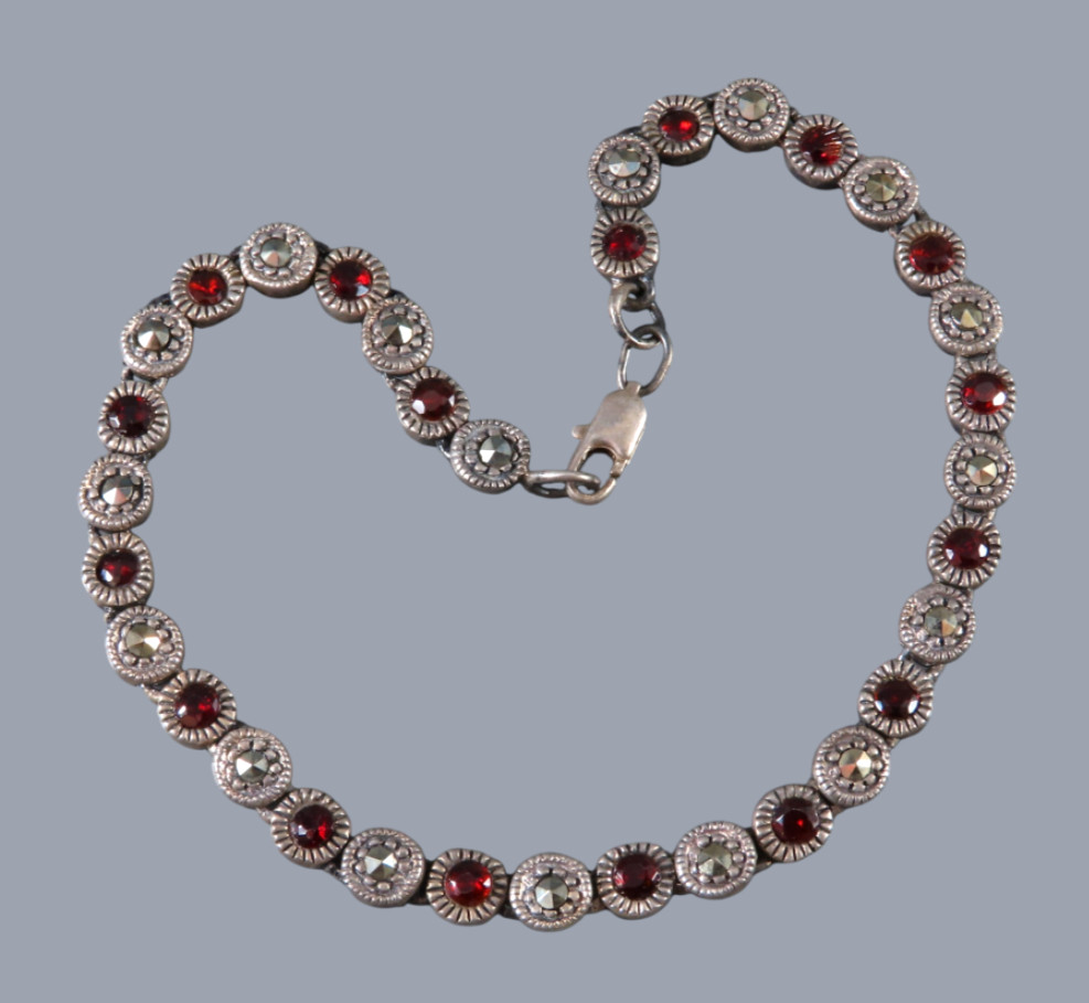 STERLING SILVER Round Bezel Links GARNET TENNIS BRACELET Gothic Marcasite 7-7/8