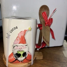 New Rae Dunn 3-D Santa Hot Cocoa Mug w/ Wood Spoon & Coaster Set Christmas Gift
