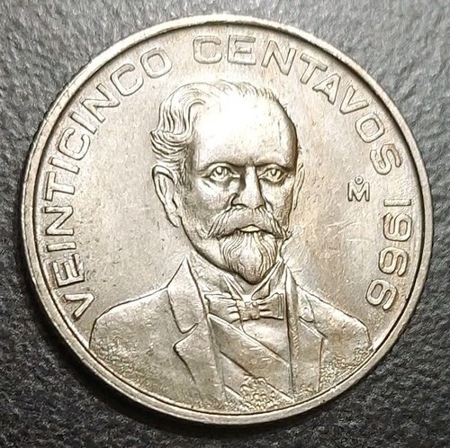 1966 MEXICO 25 CENTAVOS UNC COIN KM 444 CLOSED BEAK LOW MINTAGE