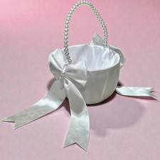 White Satin Flower Girl Basket Faux Pearl Handle Bowknot 8" x 5" x 5" Wedding