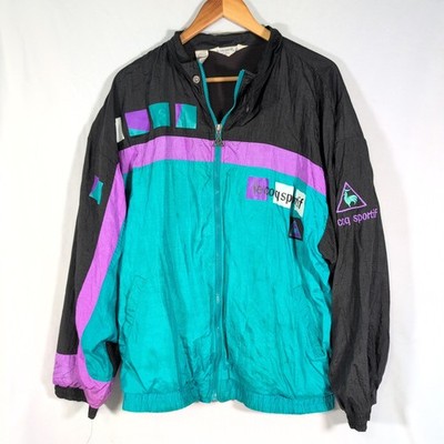 Vintage Le Coq Sportif Windbreaker Jacket XL 80s Colour Block Black Flaws