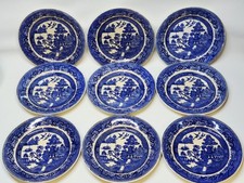 9 Assiettes Anciennes XIXème Siècle Blue Willow Pattern Décor Chinois Bleu 