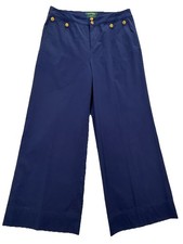 Lauren Ralph Lauren Blue Wide Leg Cropped Pants Size 6 100 Cotton Gold Buttons
