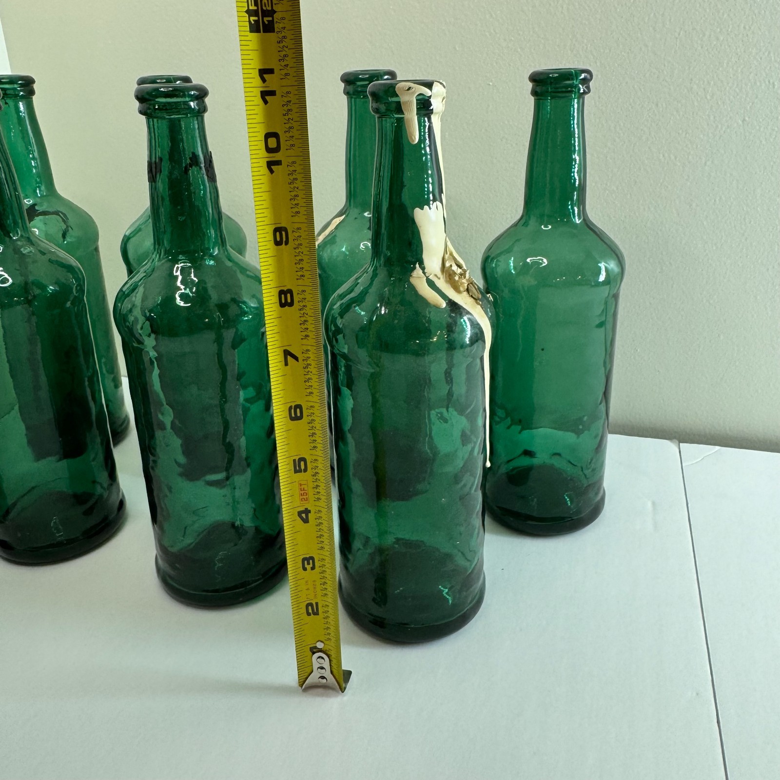 Set of 8 Green Hammered Glass Bottles 10.5” Rustic Decorative Vase Craft Lot