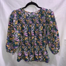 Pleione Anthropologie Green Multi Floral 3/4 Puff Sleeve Smocked Waist Sz L