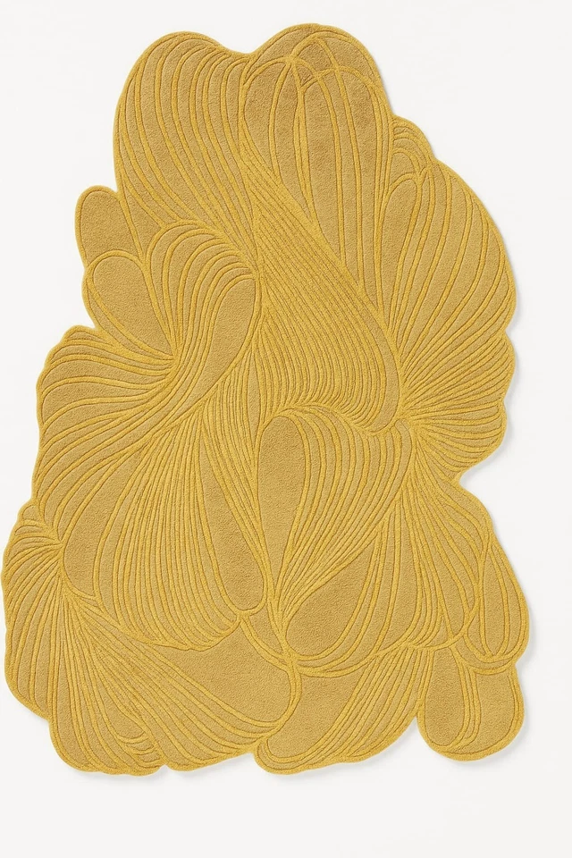 Alfombra de lana artesanal acolchada a mano artística amarillo mostaza patrón floral moderna Foto 2 de 3