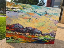 Acrylic painting titled "Blue Trees" by an artist named Mary Dobbs.