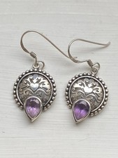 Vintage Silver 925 Earrings with Amethyst Stone Round Hooks Dangle VGC 2.5cm