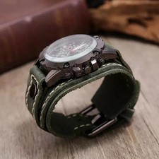 Wide Leather Watch Cuff Band Brown Wrist Black Strap Punk Retro Quartz Mens New