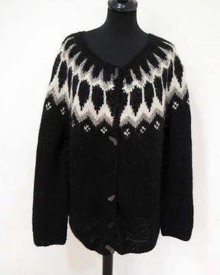 Damen Strickjacke Gr. L Schwarz Weiss Grau Wollmischung Norwegermuster Winter - Bild 1 von 4