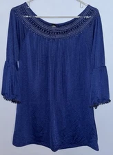Win Win Stretch Crochet Trim Ruffle Sleeve Tunic Top Size S-M Navy Blue