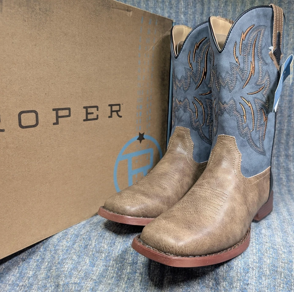 Botas Roper Dalton Niños Grandes Talla 6 Azul Tostado Western Imitación Cuero Puntera Cuadrada Nuevas Foto 4 de 4
