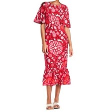 Rhode x Target Red Pink Zinnia Floral Midi Dress Size 10 Linen Tropical Vacation