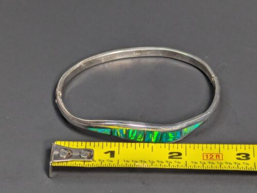 Vintage Sterling Silver Opal Inlay Hinged Bangle Bracelet 7" Mexico - Picture 10 of 24