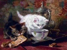 Kittens and a cup of tea H. Knipp Cat Tile Mural Kitchen Backsplash Ceramic 10x8