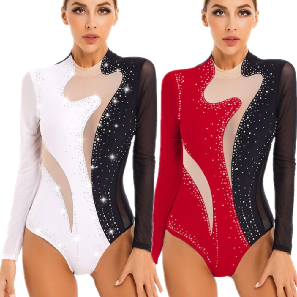 Women Ballet Dance Leotard Turtleneck Long Sleeve Gymnastics Rhinestone  Bodysuit