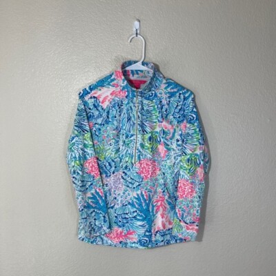 LILLY PULITZER Skipper 1/2 Zip Blue Pink Beachy Popover Tropical Print Top XS