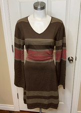 Prana Brown Striped Thin Knit Belted Sweater Dress, Size L
