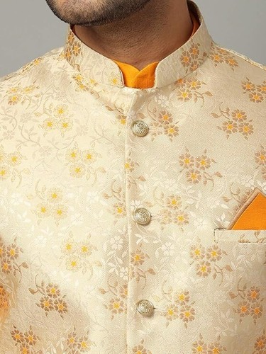 Men's Silk Blend Kurta & Churidar Pyjama With Ethnic Bundi Jacket | 3 In 1 | - Imagen 122 de 182