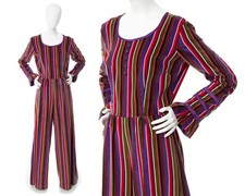Vintage 1960s 60s 70s Striped Velvet Rainbow Circus Wide Leg Palazzo Jumpsuit