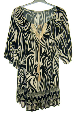 Tredy, Damen Tunika, Shirt, Kurzarm, Gr.54, Schwarz/ Weiss, Kordeln, Viskose