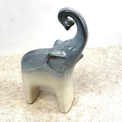 Blue Elephant Figurine Statue Home Decor Baby Room 10 Inch Ceramic Trunk Up