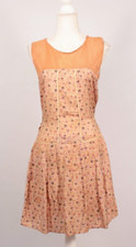 VTG Women's 20s Tan  Peach Silk Drop Waist Dress W/ Floral Print 1920s Sz S/M